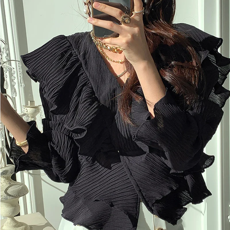 

Women's V-neck Flared Long-sleeved Ruffled Patch Draped Shirt Slim Waist Shirt Feminino Spring Style Solid Color Blusas Femme