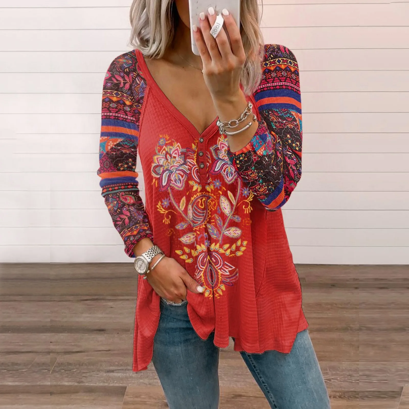 

Women Long Sleeve Floral Blouse 2022 Sexy V Neck Flower Print Streetwear Plus Size Blouses Tunics Clothes