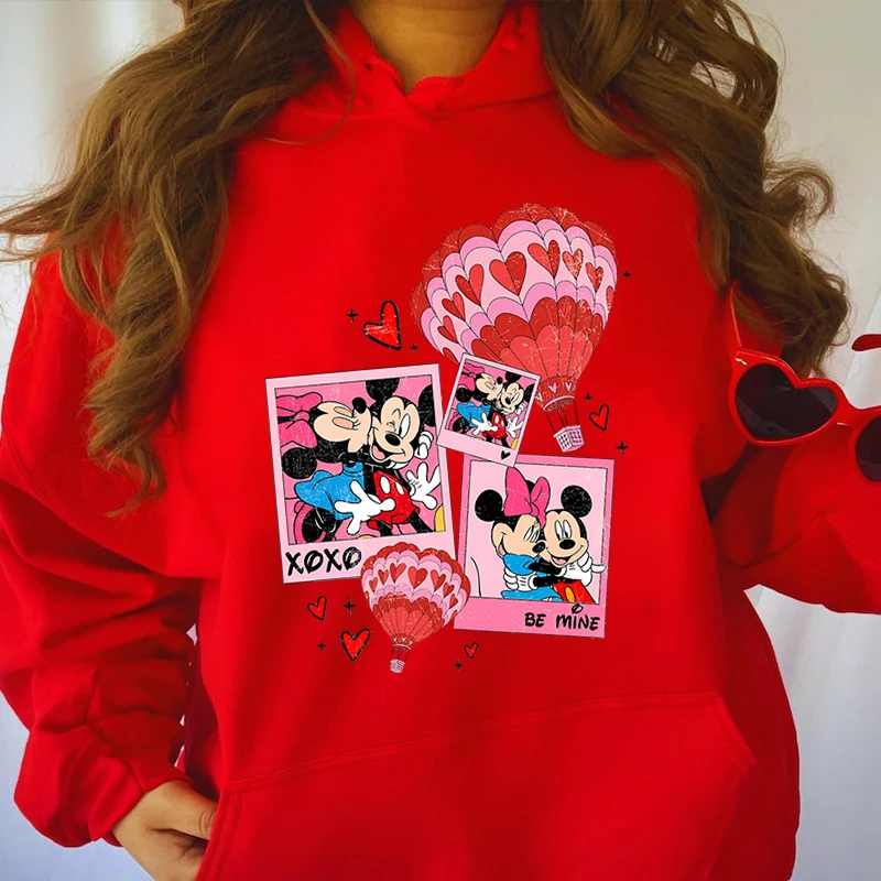 Disney Mickey Minnie Love Valentines Hoodies Women's Sweatshirts Casual Tops Loose Valentine's Day Gift