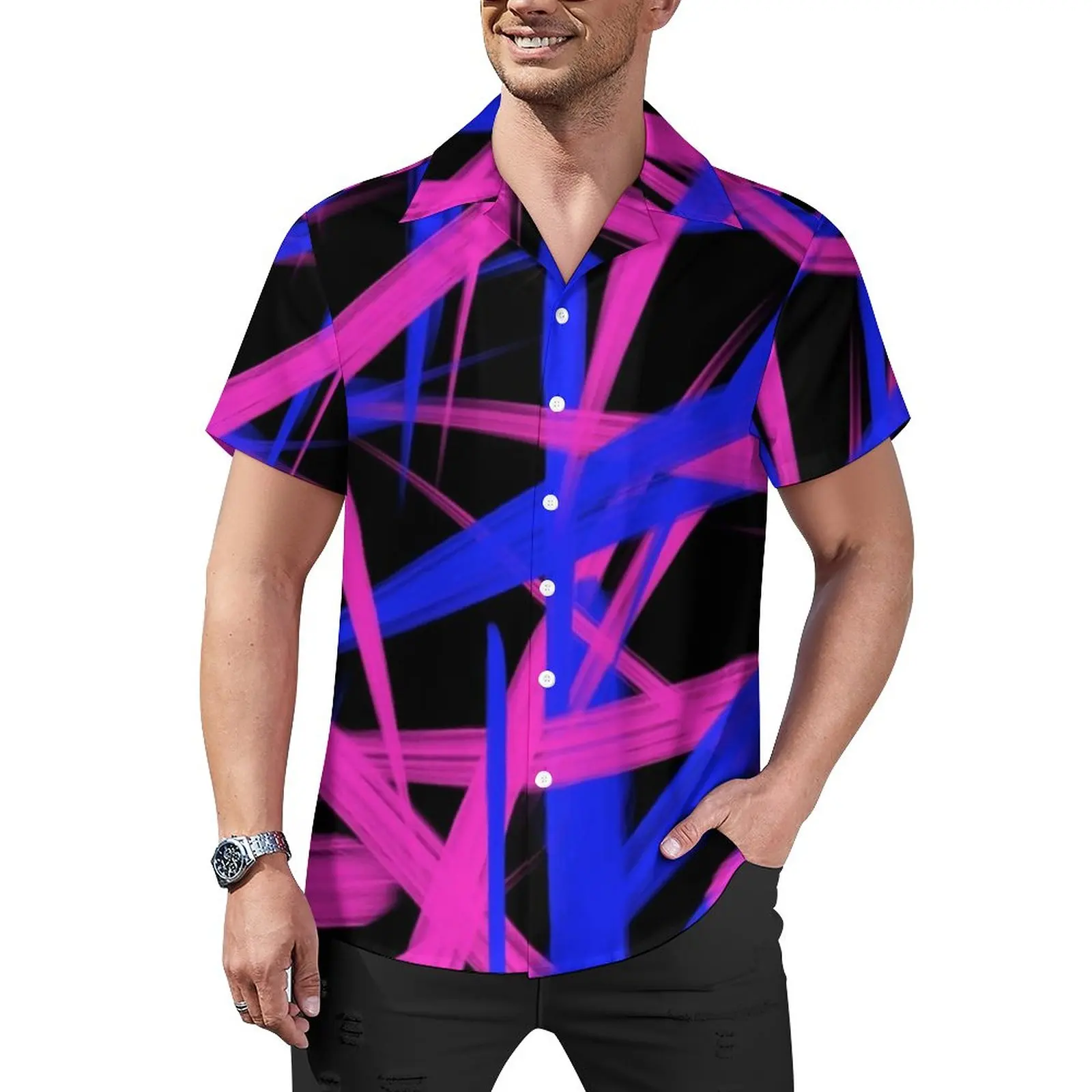 

Свободная рубашка с неоновым рисунком, мужские повседневные рубашки для отпуска с графическим принтом, Гавайские оригинальные трендовые блузки большого размера с короткими рукавами