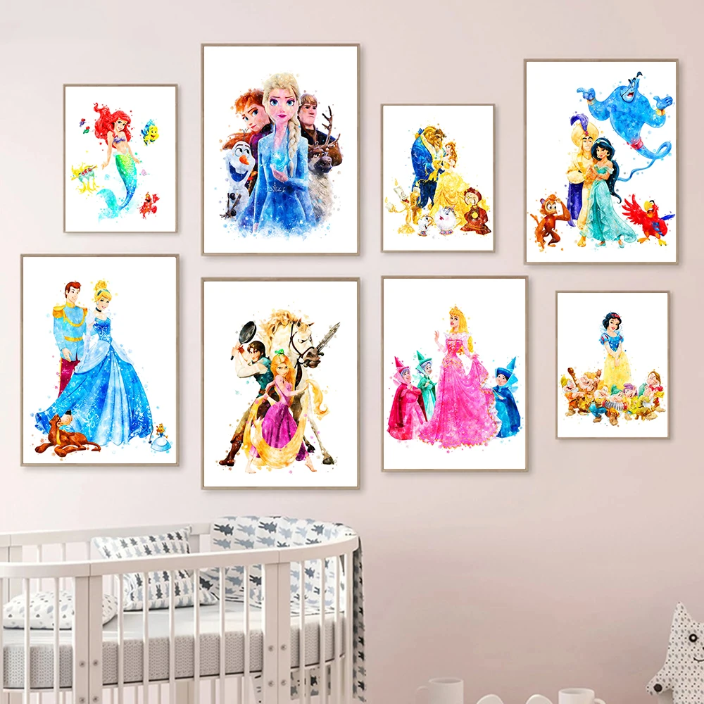 

Disney Princess Cindrella Rapunzel Sleeping Beauty Snow White Watercolor Poster and Prints Canvas Paintings Wall Art Home Decor