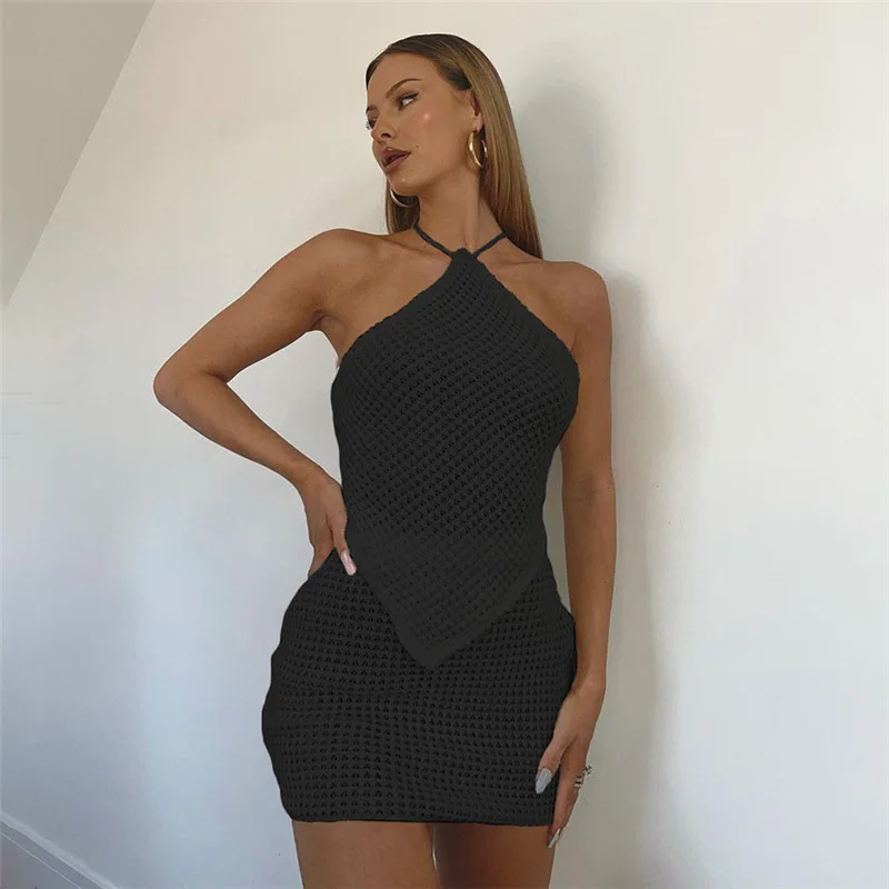 

Sexy Knit 2 Two Piece Sets Women Diamond Lace Top Skinny Elastic Force Mini Skirts Suits Summer Female Club Outfits Y2K 2022