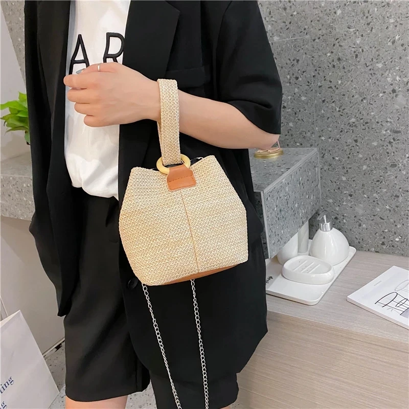 

Summer Straw Handbag Women Simple Retro Woven Rattan Bucket Shoulder Crossbody Bag Girls Elegant Top-handle Bags