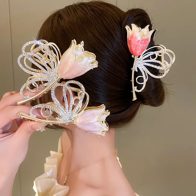 

Elegant Rhinestone Butterfly Barrettes Hair Claw Clips For Women Fashion Colorful flowers Ponytail Claw Clip Hair Accessories