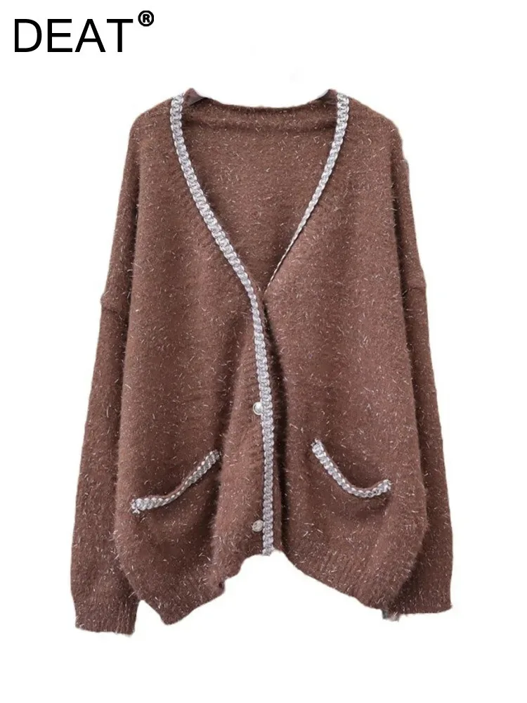 DEAT женский кардиган свободный с длинным рукавом яркий шелковый дизайн блестки
