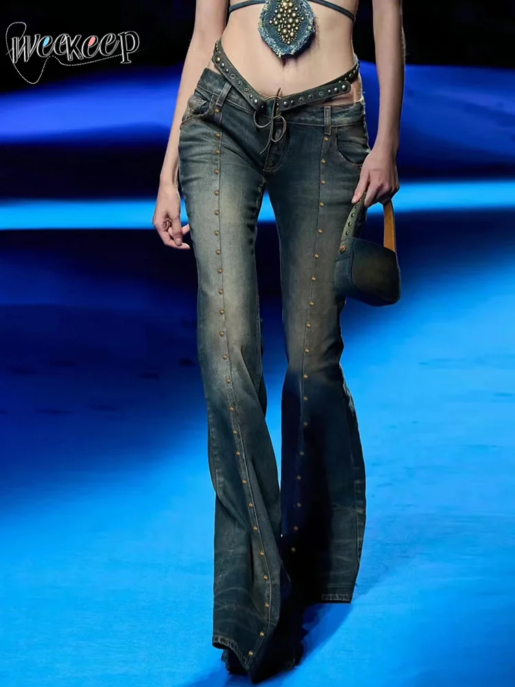 

Distressed y2k Flared Jeans Streetwear Low Rise Rivet Stitching Cargo Pants 90s Grunge Women Denim Trousers Vintage New