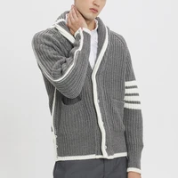 tb thom mens long sleeve soft chunky knit sweater open front cardigan outwear coat classic striped 4 bar wool sweater