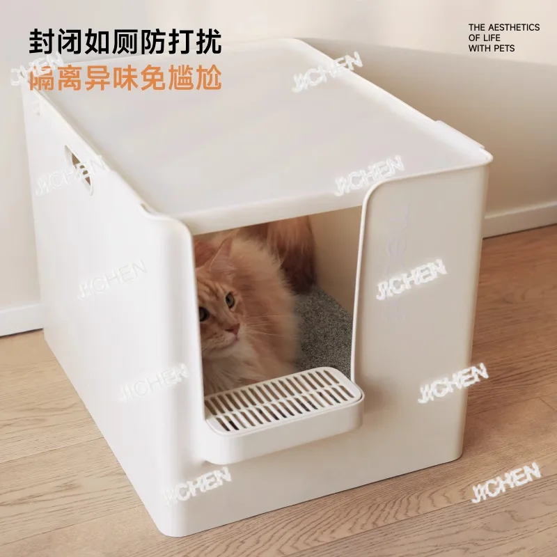 Фото TZZ Cat Litter Box Негабаритный открытый полузакрытый Maine Огромный дезодорант Кошачий туалет с разбрызгом песка №4
