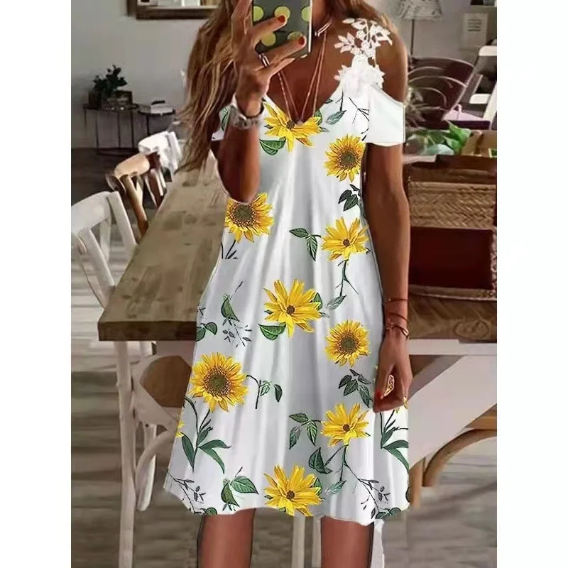 

Vintage 3D Print Fashion Dress Women V Neck Off Shoulder V Neck Casual Mini Dresses for Women Sexy Lace Patchwork Floral Dress