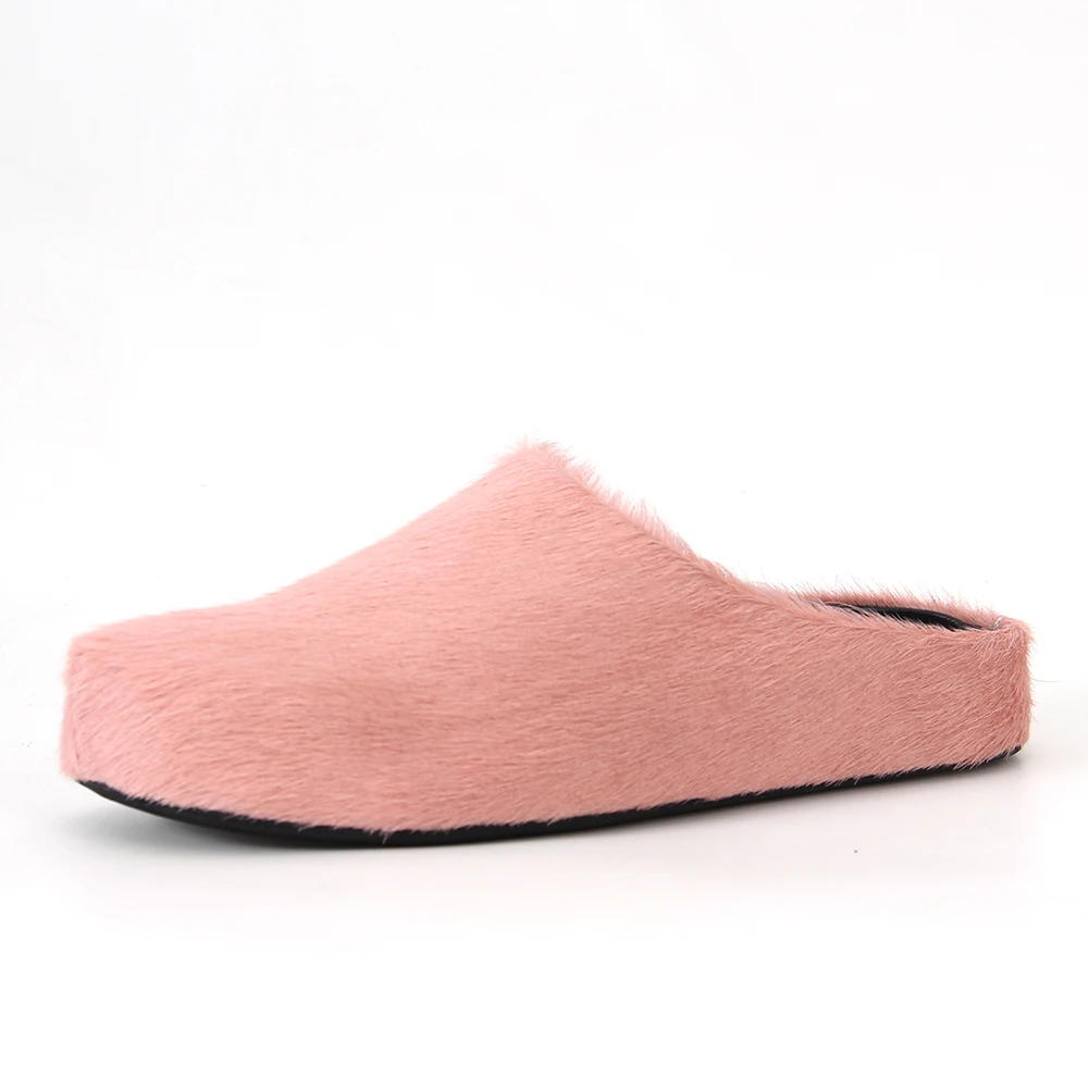 Horsehair Slippers Women Round Toe Furry Mules Shoes Woman Fashion Comfort Flat Slides Woman Wool Winter Shoes Women Slippers