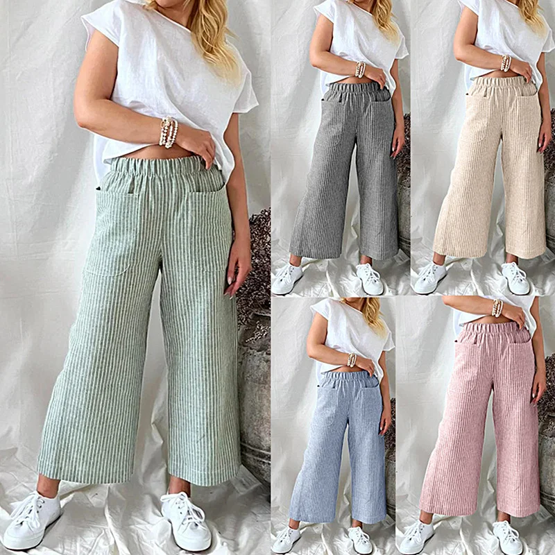 2023 Women Straight Pocket Cotton Linen Wide Leg Trousers Striped Pant Elastic Waist Long Pants Casual New Fashion Loose S-2XL