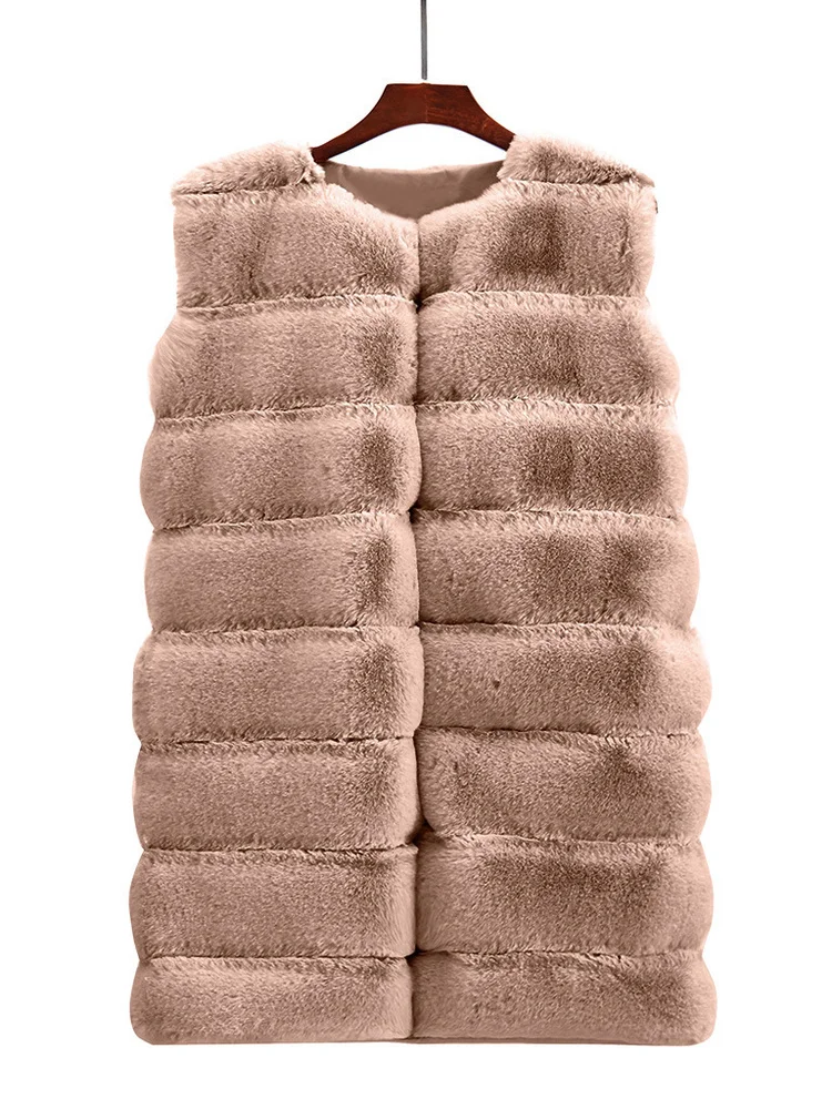 Autumn Winter Fashion Luxury Warm Sleeveless Faux Fur Coat Women 2022Casual O-neck Long Fur Vest Elegant Ladies Office Waistcoat