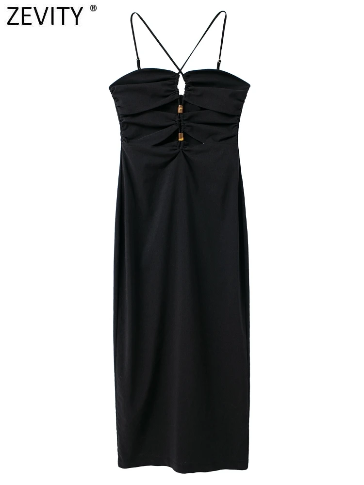 

Zevity Women Sexy Hollow Out Split Design Black Slim Halter Dress Ladies Chic Backless Zipper Summer Midi Vestidos Mujer DS607