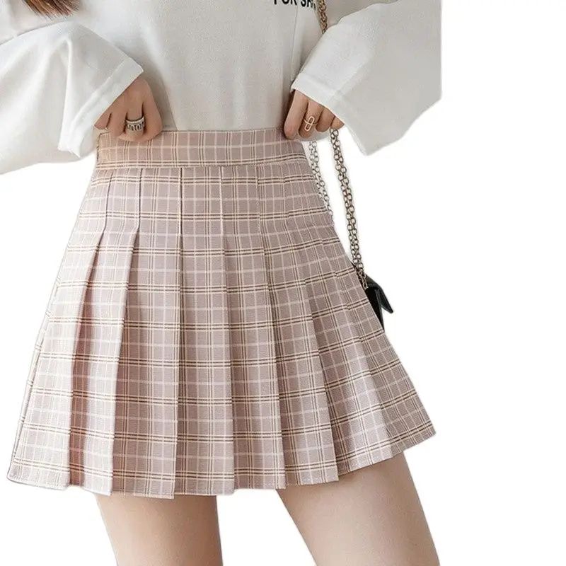 OEM New Spring Summer Women Skirts Student Girl Striped Pleated Waist Female Sweet Mini Dance Plaid Black White Pink Skirt