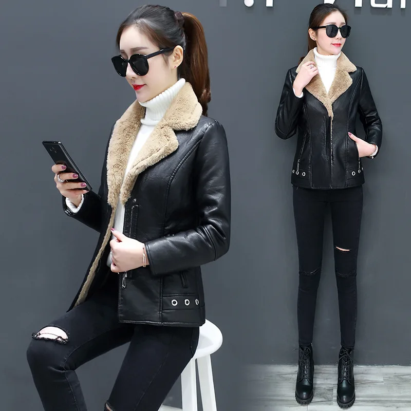 Winter Women's 2022 Short Leather Jacket Korean Fur Jacket Thickened Autumn  Winter Motorcycle Clothes Skinny Lady Warm Top