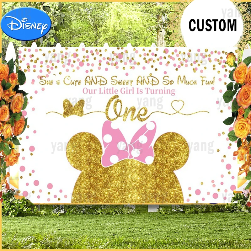 Disney Custom Minie Mouse Backdrop Glitter Pink Red Baby Shower Girls Happy Birthday Party Photo Background Booths Decor Banner