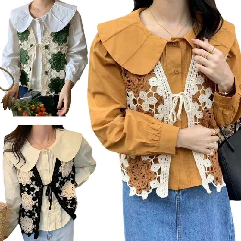 

896E Women's Knit Vest Cute Crocheted Hollow Cardigans Ins Chic Lace Up Knitwear Tops