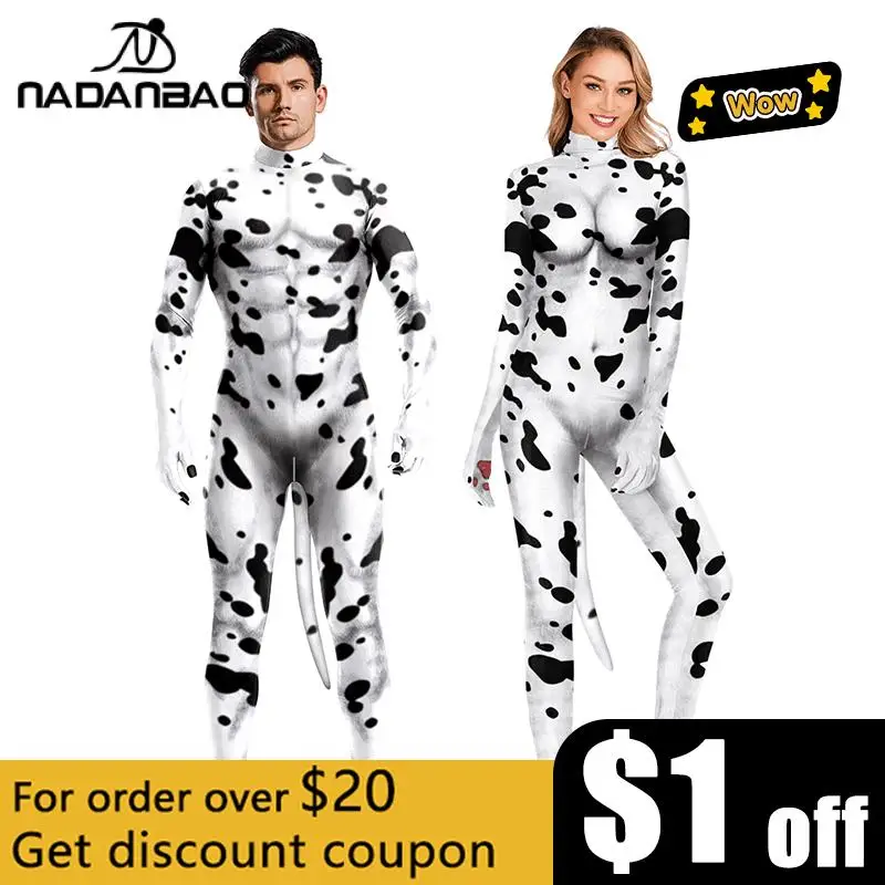 NADANBAO Dalmatians Women Cosplay Costumes Animal Milk Cow Halloween Cartoon Catsuits with Tail Zentai Full Bodysuits