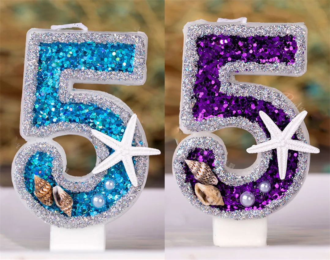 

Glitter Blue Purple Candle For Cake Topper Decor Starfish Conch Ocean Theme Kids Birthday Party Dessert Cupcake Baking Supplies