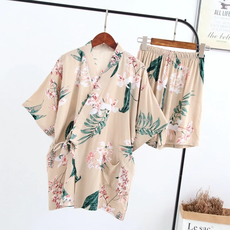 2PC Womens Pajamas Shorts Set Summer Yukata Cute Print Short Sleeve Cotton Komono Robe & Shorts Pijama Set