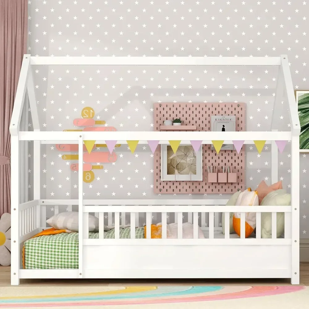 Фото # Для Lit jumeau au sol Монтессори, lit jumeau avec clôture, maison jumelle pour enfants, filles, gar Voiżyć, blanc& №3