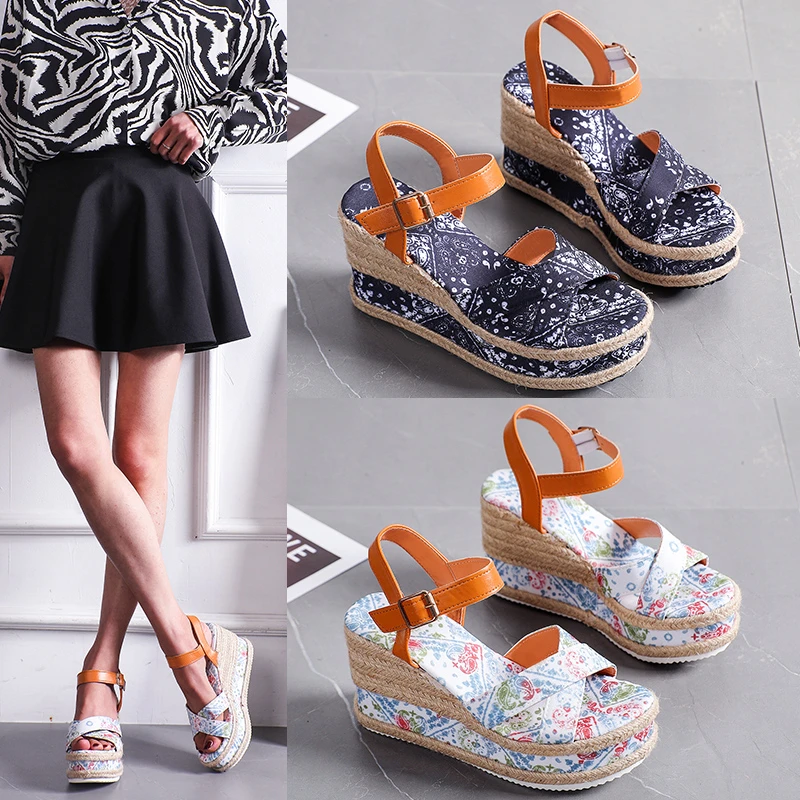 

Women's Summer Wedge Sandals Thick Sole Straw Luxury Elegant Casual Heightening Banquet 2022 Trends Plus Size 43 Free Shipping