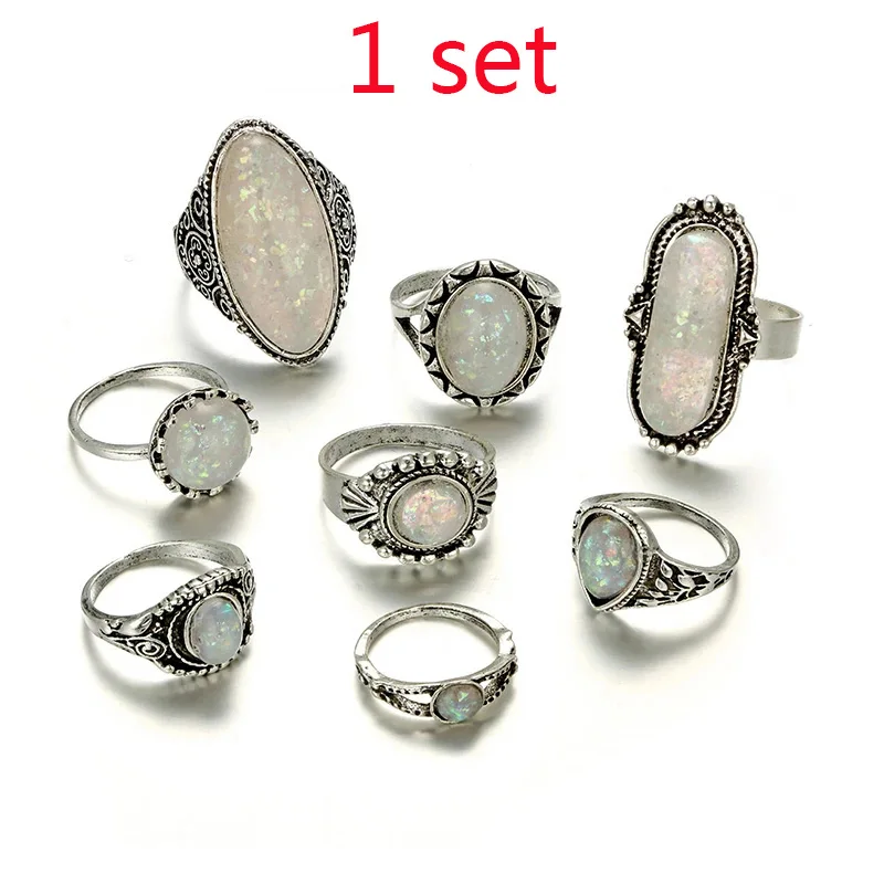 

2023 Not Vintage antique silver ring set colorful opal crystal stone carved men's and women's pieces of Bohemian jewelry кольца