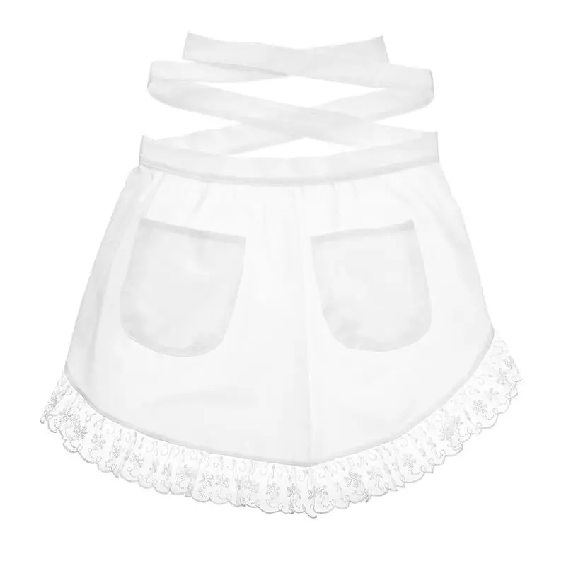 

Pocket Cropped Lace Skirt Cotton Waist Apron Lace Short Women Apron Pockets Half-length Chef Apron for Maid Waitress Servant