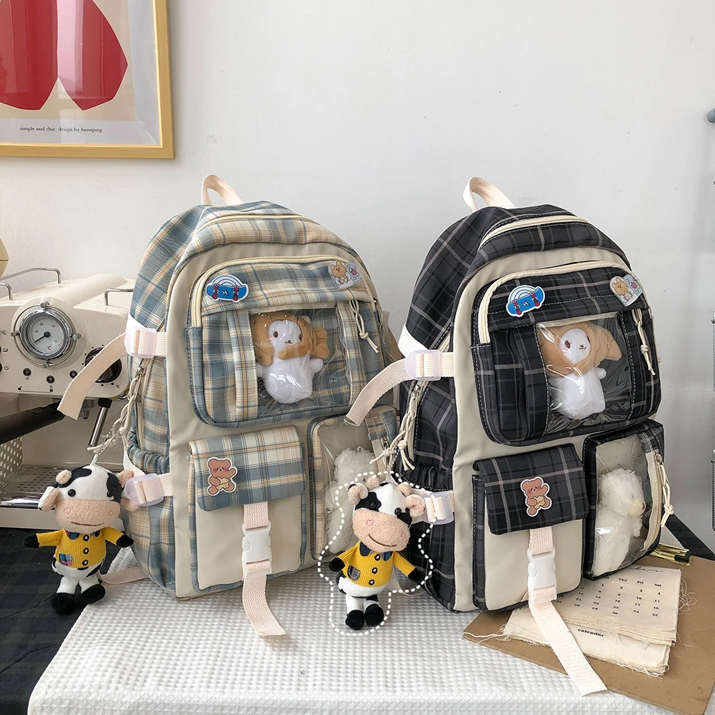 Повседневный нейлоновый женский рюкзак, милые школьные сумки в японском стиле преппи для студентов, вместительные клетчатые женские сумки ...