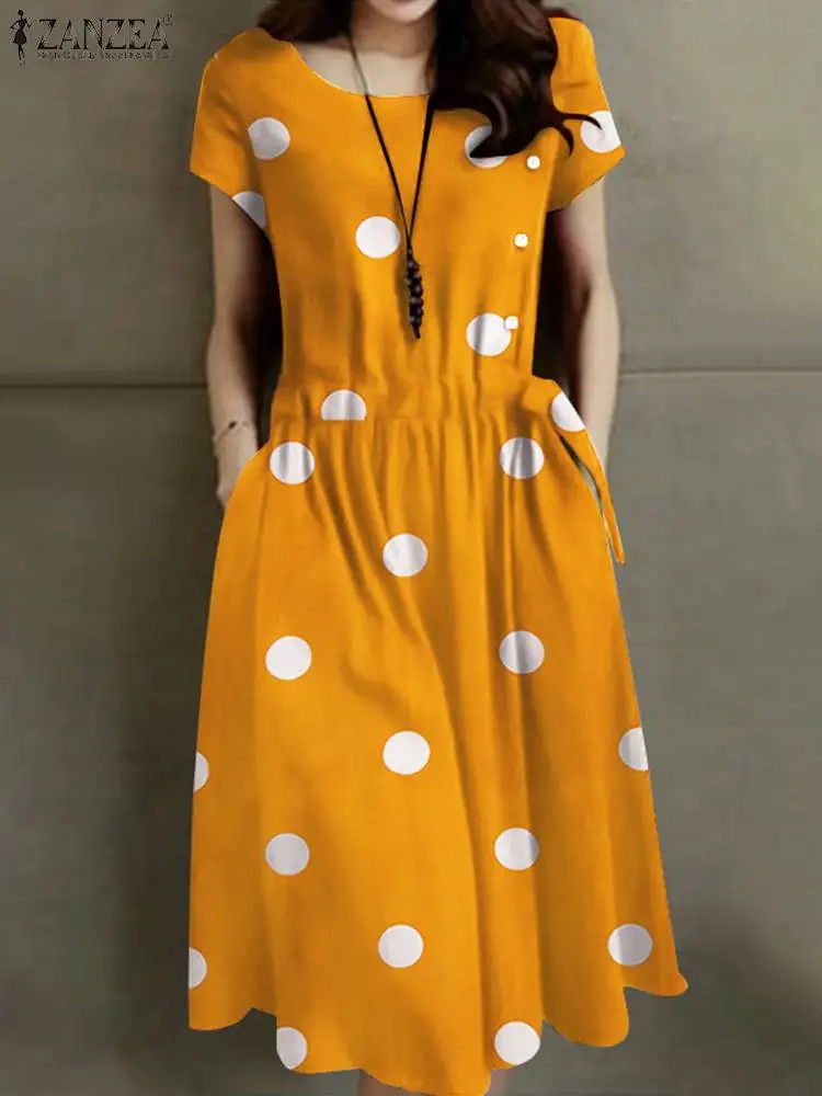 

Модный сарафан ZANZEA в горошек, женское винтажное Повседневное платье миди с коротким рукавом, летнее женское Повседневное платье, Женский кафтан