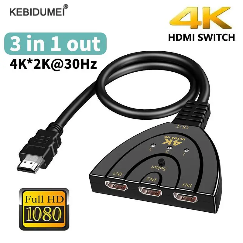 4K*2K Mini 3 Port HDMI Switch 4K Switcher Splitter 1080P 3 Input 1 Output Port Hub for Xbox PS4 DVD HDTV PC Laptop TV