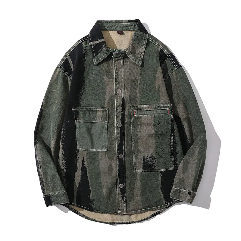 

Men Cargo Denim Jacket Camouflage Army Green Military Coat Loose Big Pockets Shirt