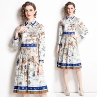 2022 spring and summer new womens wear high end temperament lapel long sleeve printed a line skirt big swing fashion dress