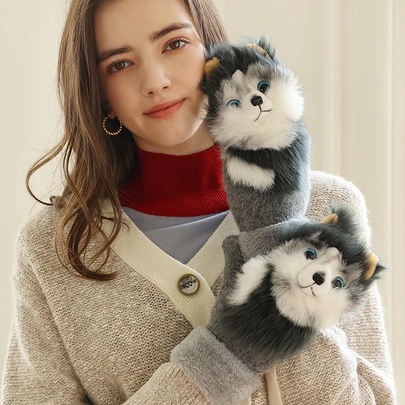 Cartoon Simulation Animal Gloves Cute Warm Winter Full Finger Mittens Women Fur Plush Knitted Animal Pattern Thickening Gloves