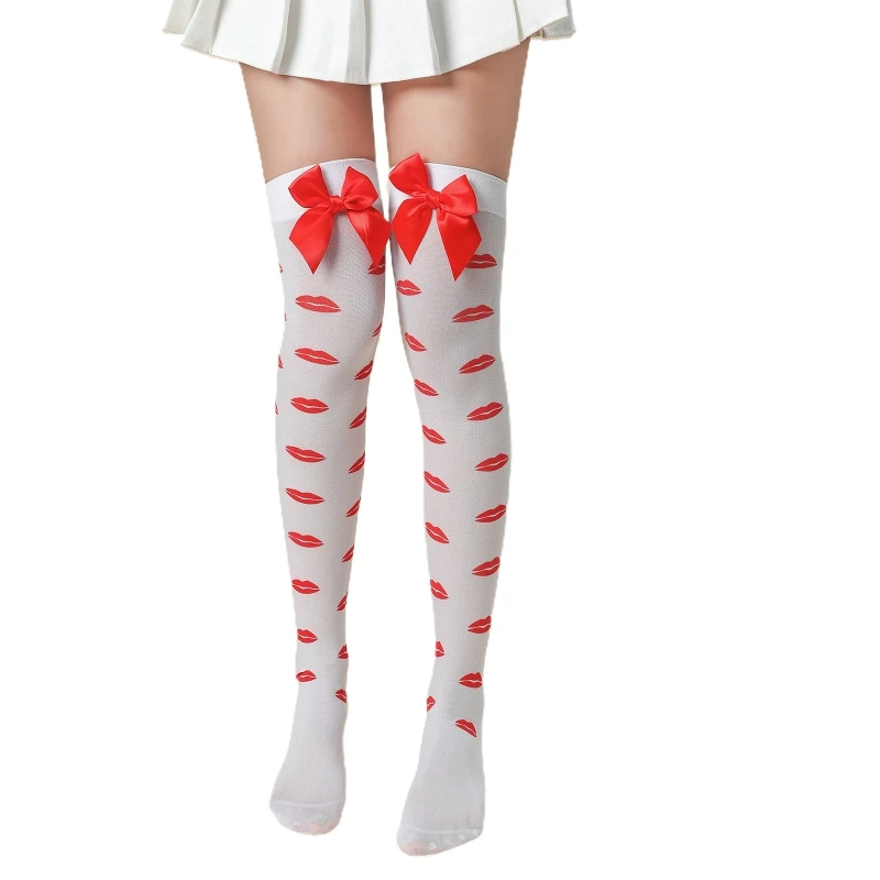 

449B Women Valentines Day Silky Thigh High Stockings Sweet Love Heart Lips Printed Bowknot Over Knee Long Socks Party Costume