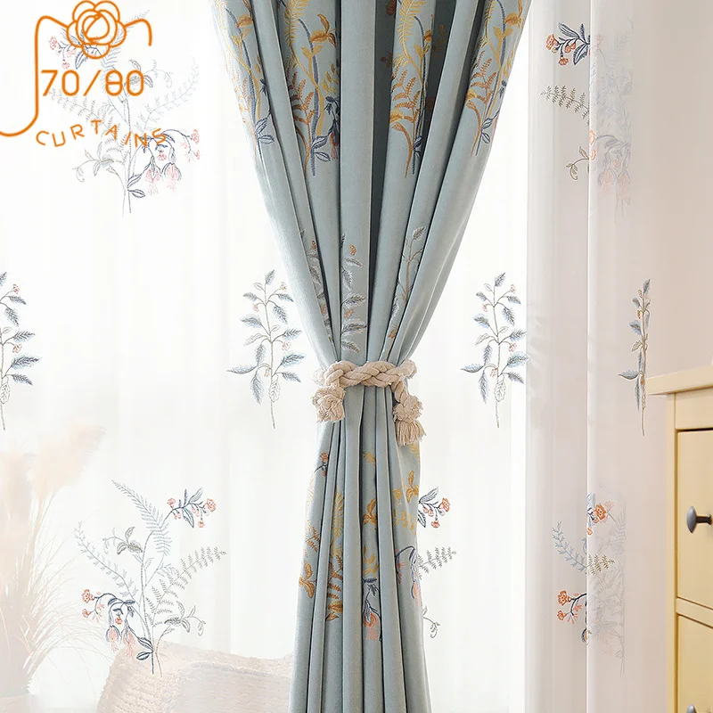 

Занавески с вышивкой в китайском стиле, хлопково-льняные перегородки синего и серого цвета для гостиной, спальни, столовой, оконные шторы