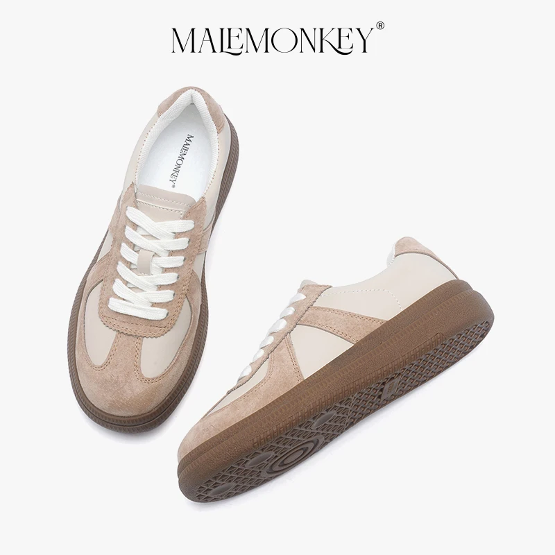 MALEMONKEY Casual Sneakers Women Suede Lace-up Flats Spring Round Toe Ladies Shoes Comfortable Breathable Trainers Handmade