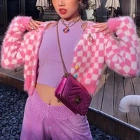 y2k autumn crop cardigan mink sweater tops long sleeve cute sweet pink mohair tops loose v neck cardigans female casual fashion