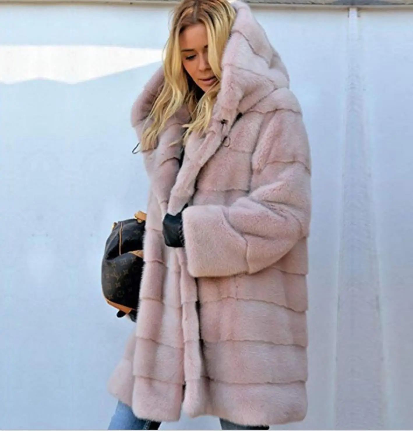 Women's street strapless solid color long sleeved faux fur hooded warm fur jacket