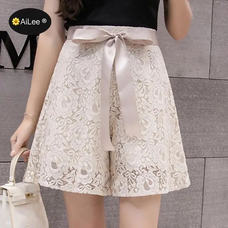 Women Wide Leg Lace Shorts Summer Loose Knee Length Shorts Ladies Casual High Waist Shorts Elegant Office OL Lady Street Shorts
