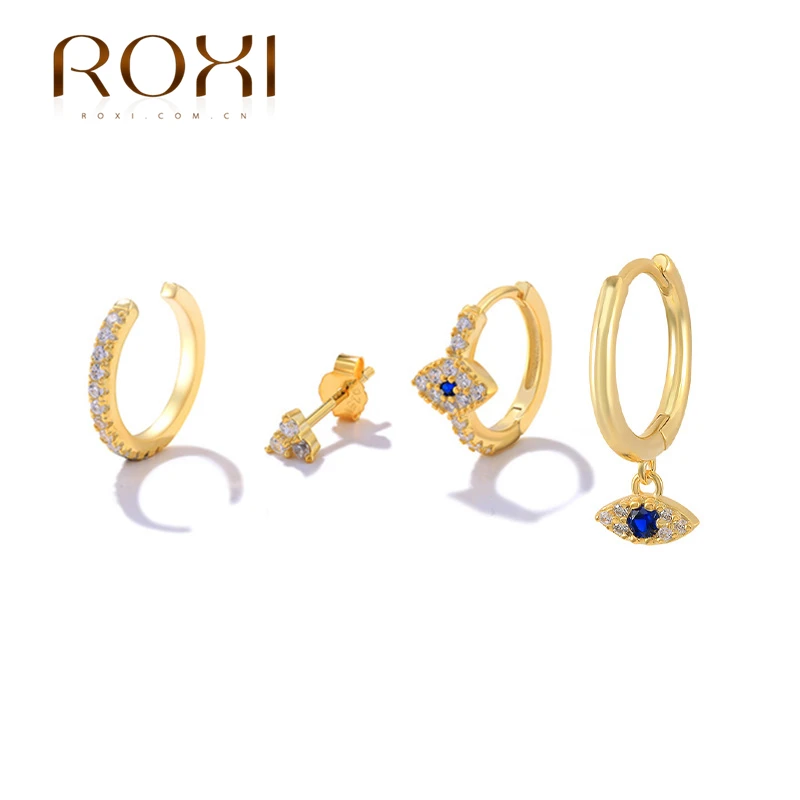 

ROXI 925 Sterling Silver 4PCS Hoop Earring Sets For Women Turquoise/Blue Zircon Eyes Punk Piercing/Clip Ear Jewelry