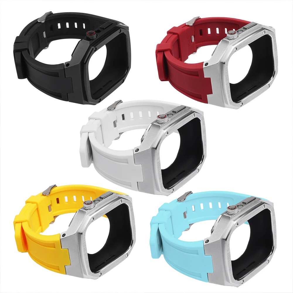 40 41 44 45mm Modified Stainless Steel Watch Protective Case With Silicone Strap For Apple Watch Series7 6 5 4 SE Metal Cover