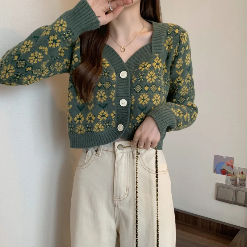 

Y2K Fashion Embroidered Single Breasted Cardigan Women Vintage Sweater Autumn Ladies Versatile Casual Knitted Top Korean