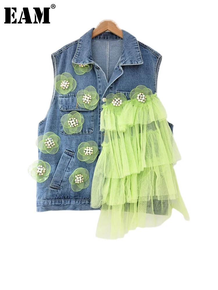 

[EAM] Women Loose Fit Blue Denim Mesh Irregular Big Size Vest New Lapel Sleeveless Fashion Tide Spring Autumn 2022 1DE9279
