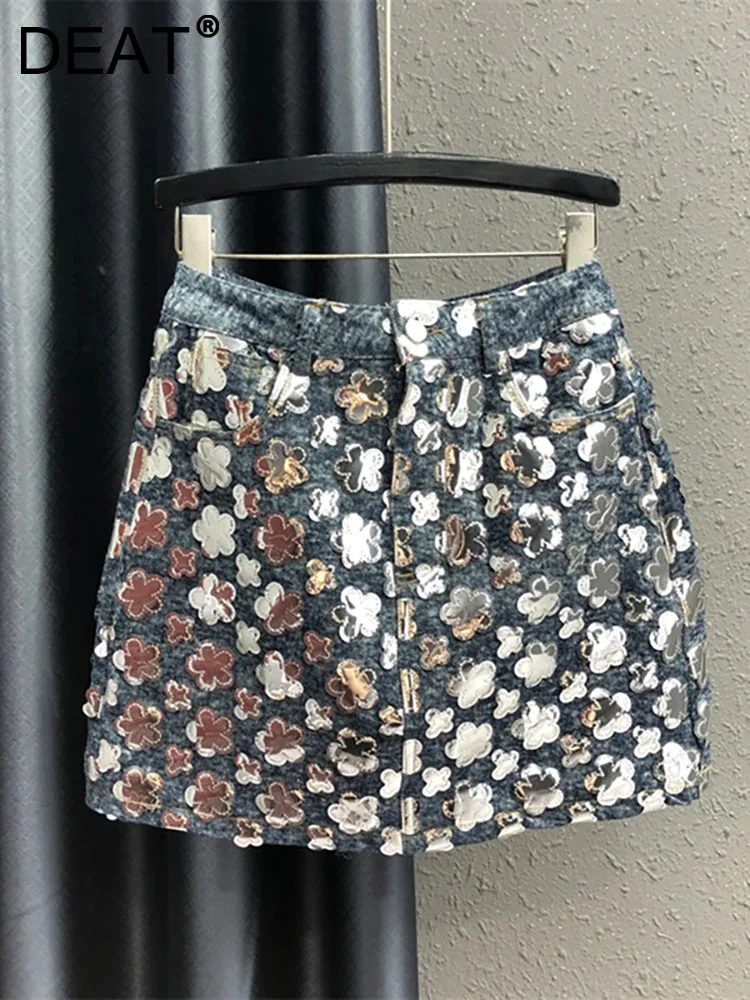 

Женская джинсовая мини-юбка DEAT, облегающая мини-юбка составного кроя с высокой талией, блестками и цветочным принтом, 29L4144, осень 2023