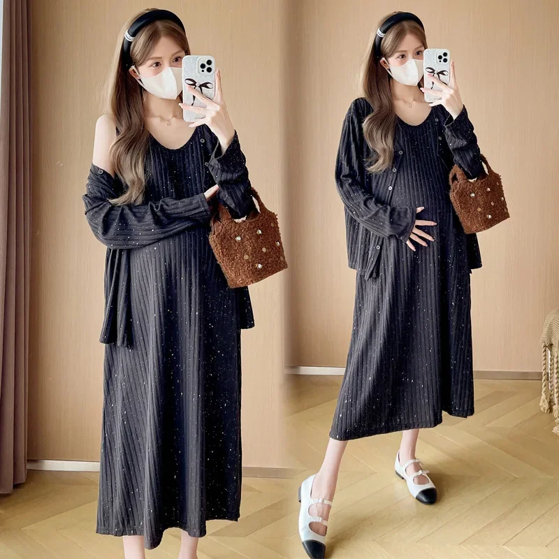 Модная элегантная одежда для беременных осень/зима 2024 полосатое платье со