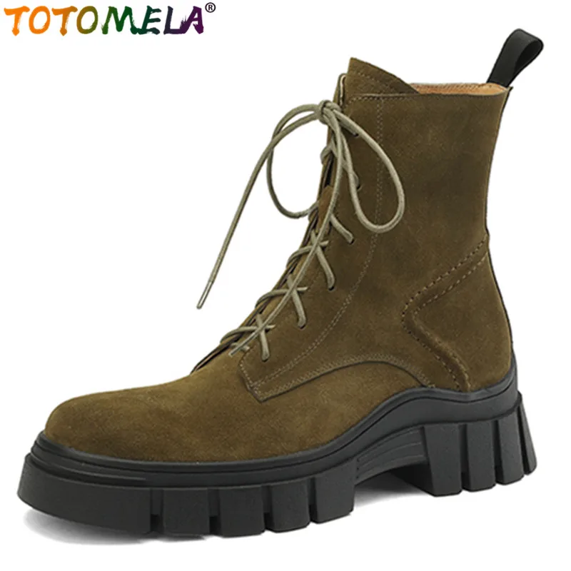 

TOTOMELA 2023 New Cow Suede Retro Women Boots Zipper Thick High Heels Dress Shoes Winter Ankle Platform Boots