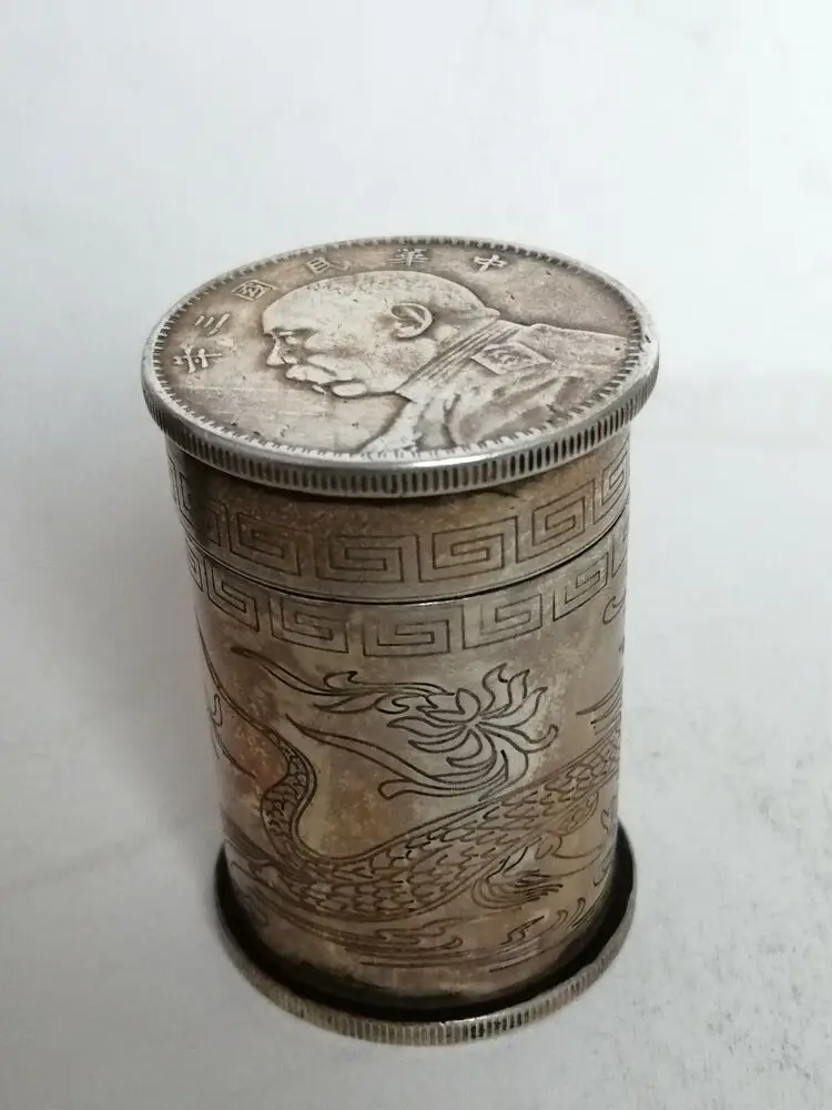 

Collection China Copper Silver Carving Flower Dragon Coin Inlay Toothpick Bucket