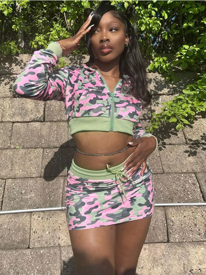 

Camouflage Print Two-piece Autumn Outfit Women Casual Zip-up Long Sleeve Hooded Coats Package Hip Short Skirts Suit Streetwear
