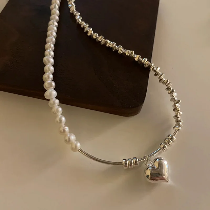 

Minar Sweet Silver Color Metallic Love Heart Pendant Necklaces for Women Faux Pearls Strand Asymmetry Chain Choker Necklace Gift